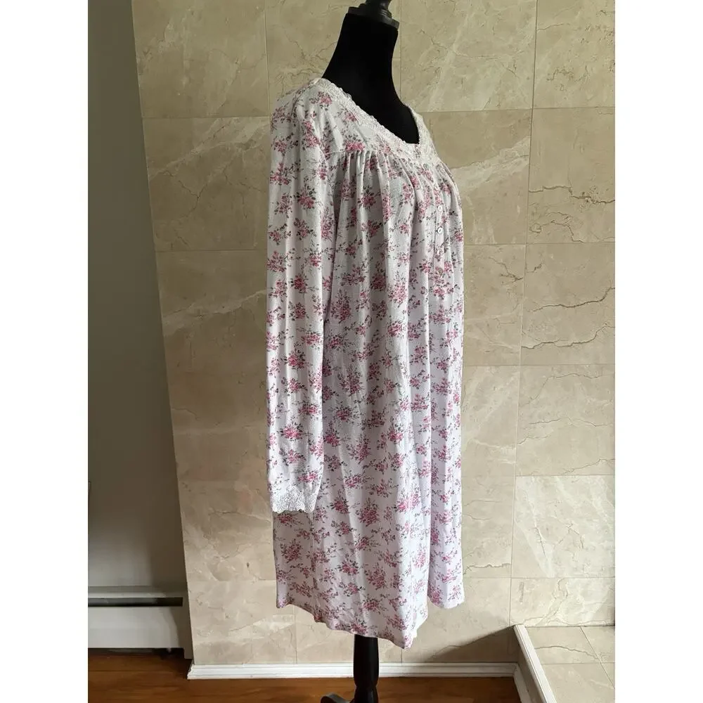 Eileen West Long Sleeve Floral Chemise Nightgown XL Pink Lace Cottage Trad Wife